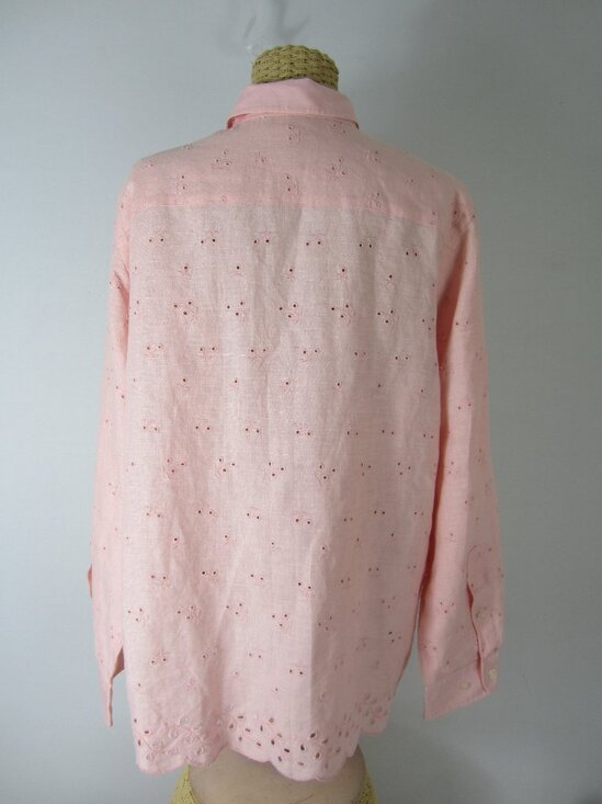 Ralph Lauren Womens Large Pink Linen Eyelet Embroidered Shirt Scallop Hem - Picture 9 of 14